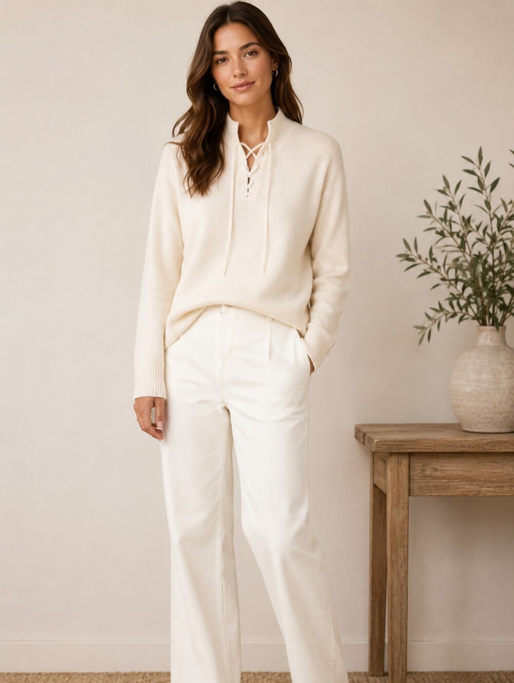 Theory Ivory Cashmere Lace Up Mock Neck Sweater Womens Size Medium - Picture 1 of 11